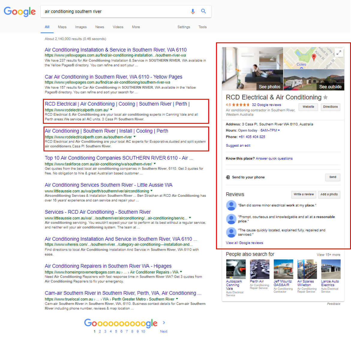 Ranking showing RCD Electrical & Air Conditioning coming up in the first spot for the search term Air Conditioning Southern River